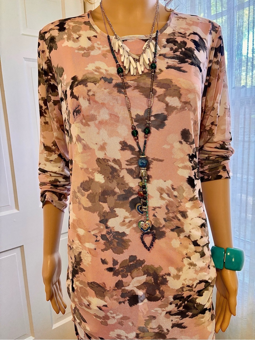 Calvin Klein Midi Dress in Blush Floral Pattern Lined with Sheer Long Sleeves
